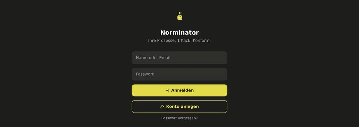 Anmeldebildschirm mit Norminator-Zeichen, zwei Feldern und den Knöpfen Anmelden und Konto anlegen