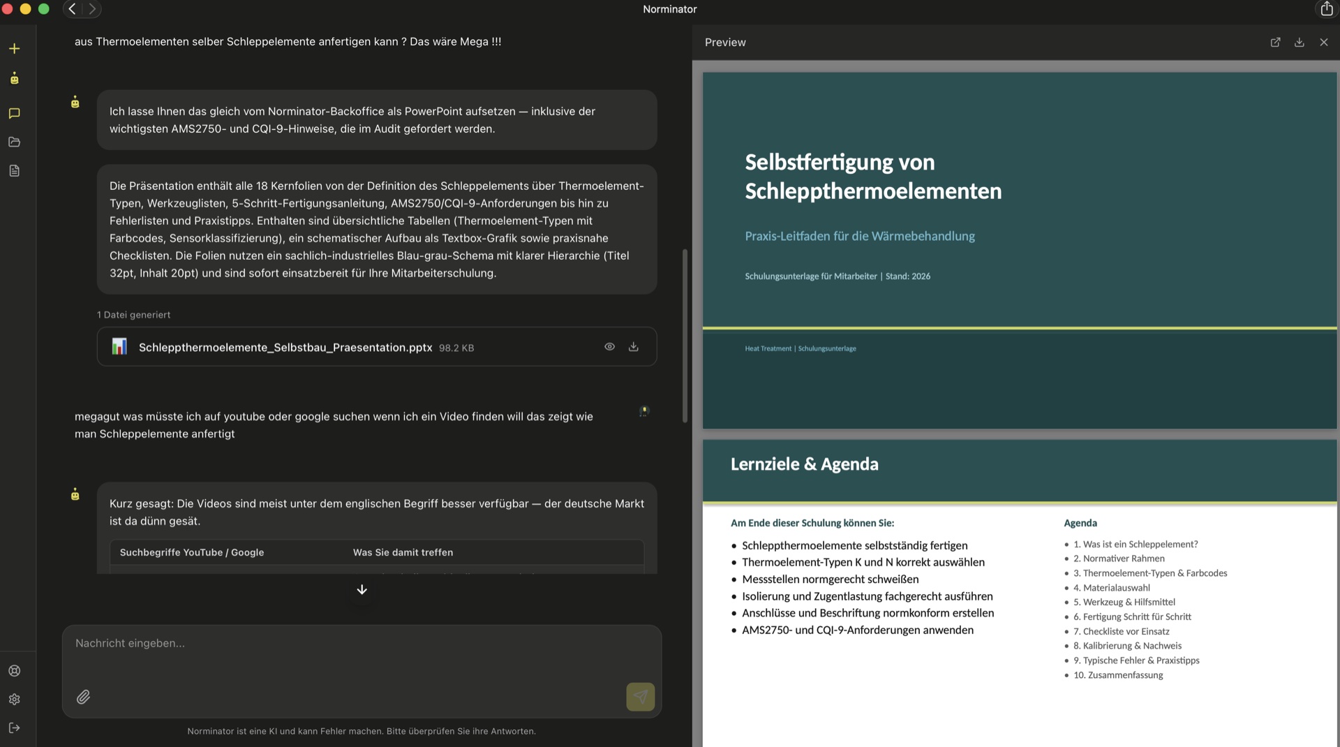 Document Preview in Norminator: PowerPoint-Schulung zu Schleppthermoelementen wird neben dem Chat im Browser gerendert