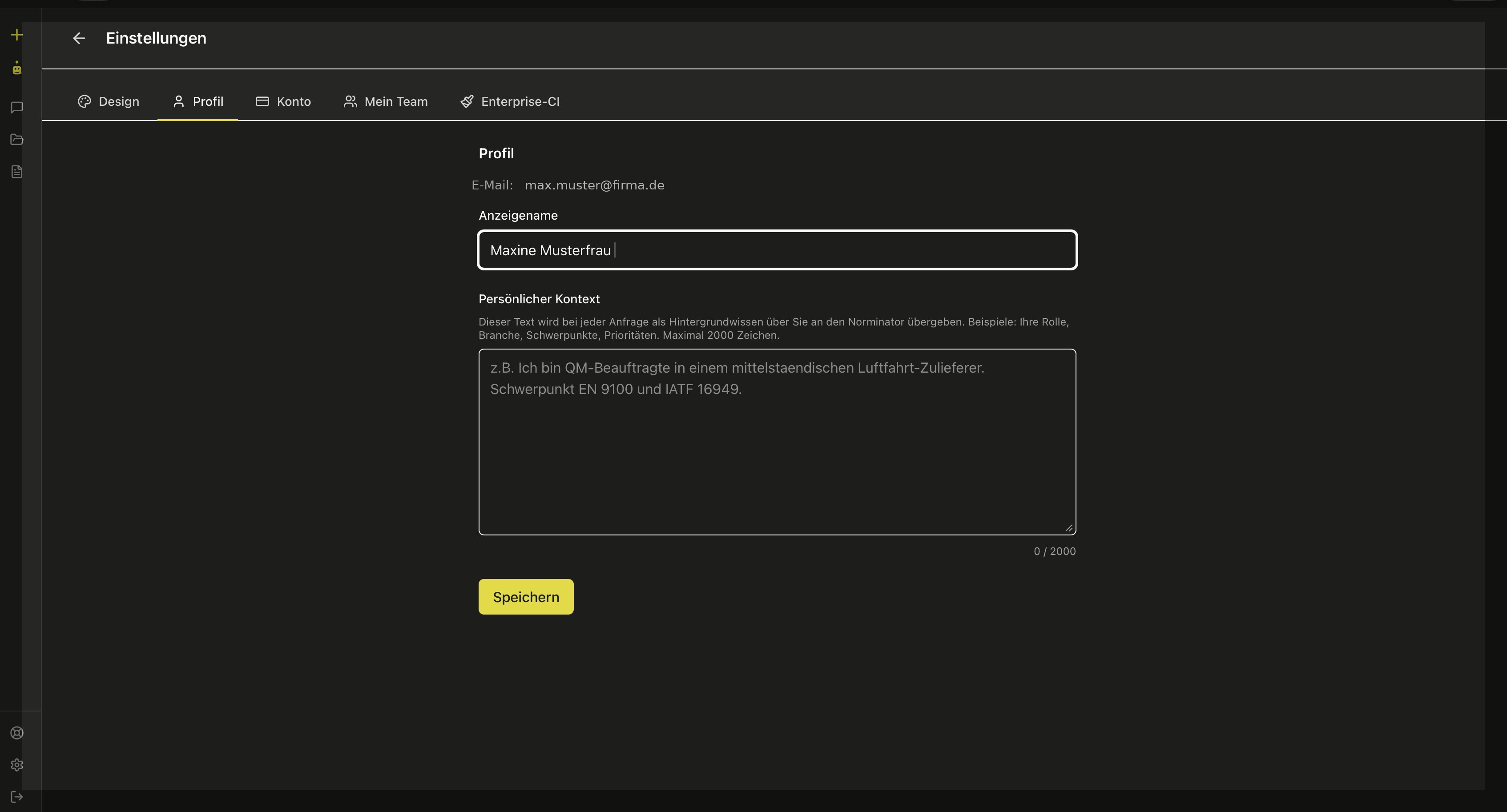 Norminator-Einstellungen: Profil-Tab mit Feld für Anzeigenamen und persönlichen Kontext